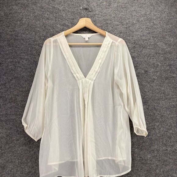 C Blouse Women M Medium Beige Sheer V-Neck 3/4 Sleeve Pullover Casual Solid - Picture 3 of 9